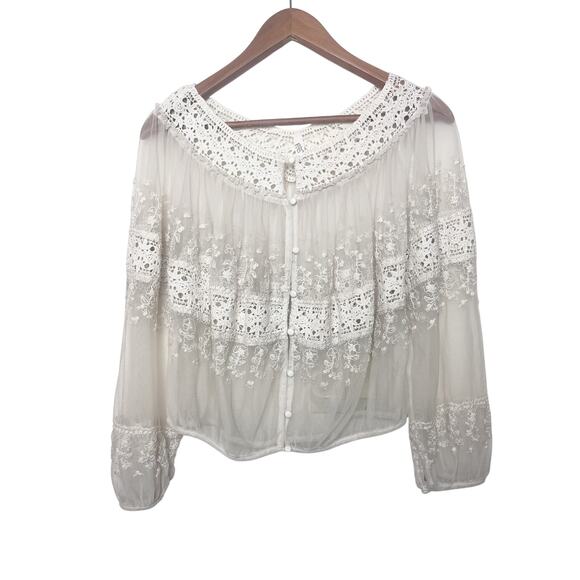 Vintage Free People Sheer Crochet Lace Embroidered Peasant Top Size XS Ivory - Picture 1 of 7